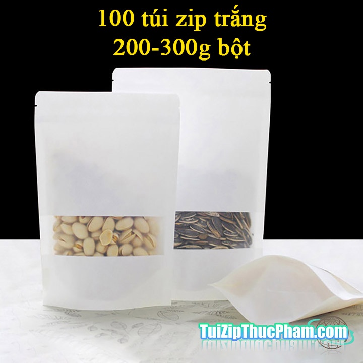 100 cái túi zip trắng giấy kraft cửa sổ tràn viền size đựng 100g 250g bột mịn, hạt các loại Phủ BOPP CPP chống ẩm tốt