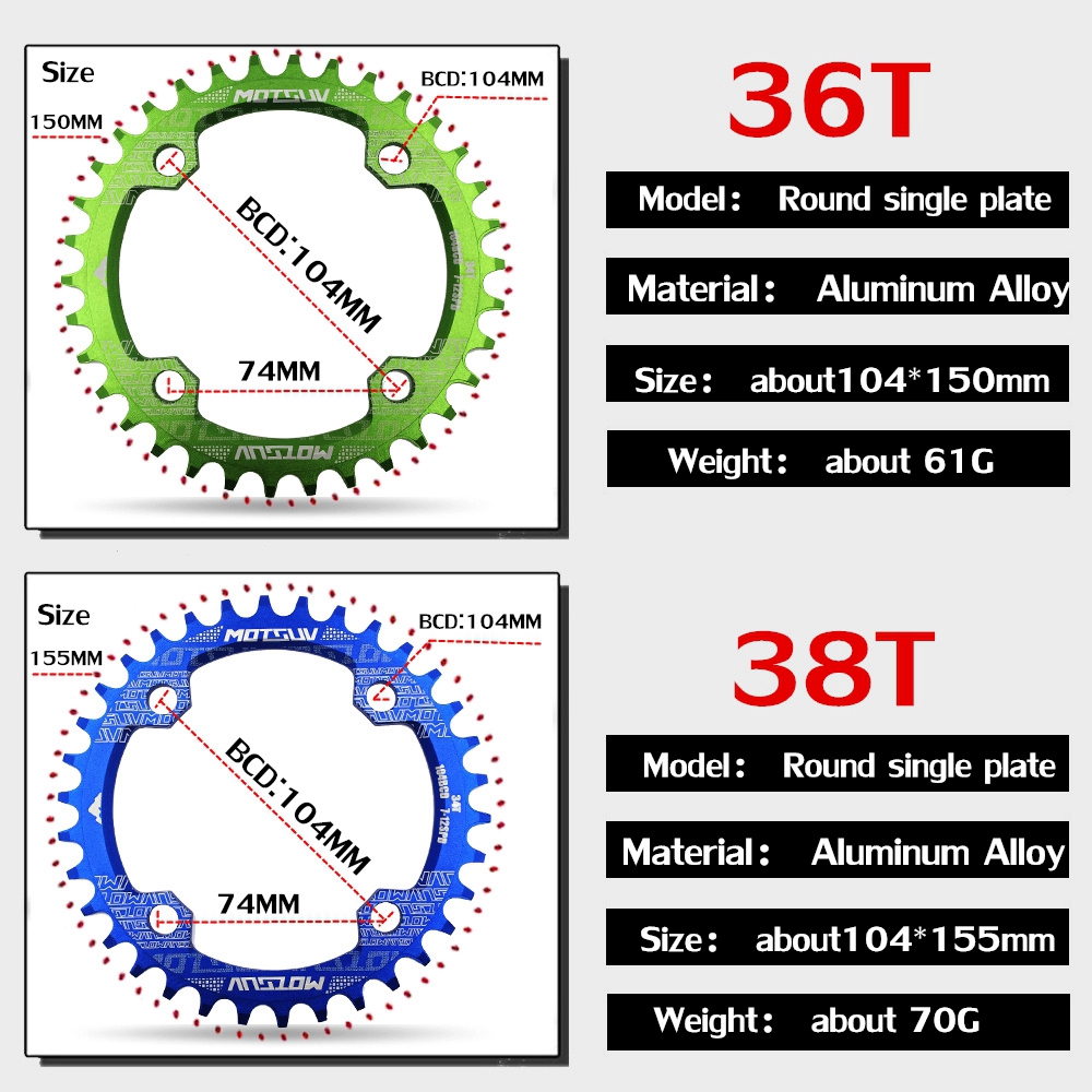 LETTER🌟 Single Plate 6 Colors Narrow Wide Round/Oval Shape 32T/34T/36T/38T 104BCD Bicycle Crank