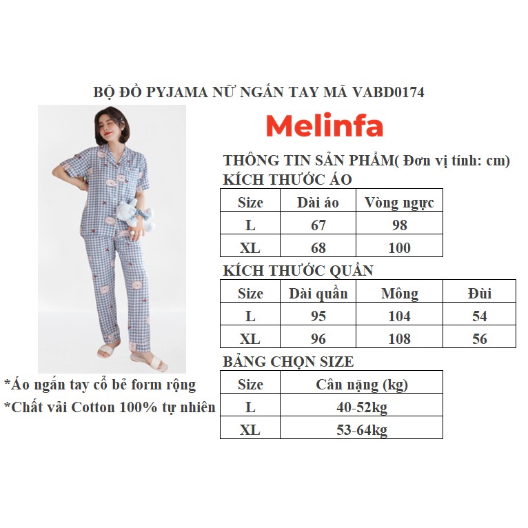 Bộ đồ ngủ Pijamas, bộ đồ mặc nhà nữ cộc tay, quần dài chất vải Cotton lụa tự nhiên thoáng mát nhiều màu mã  VABD0174