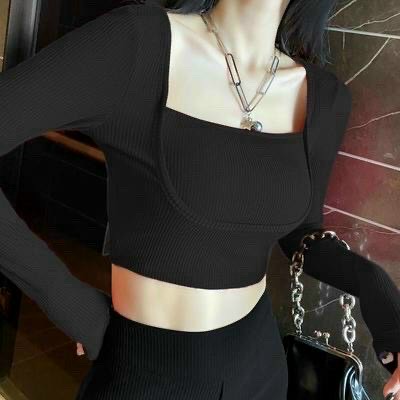 Áo croptop cổ vuông nhấn viền ngực tay dài siêu xinh phong cách Hàn Quốc co dãn tốt, áo croptop đẹp