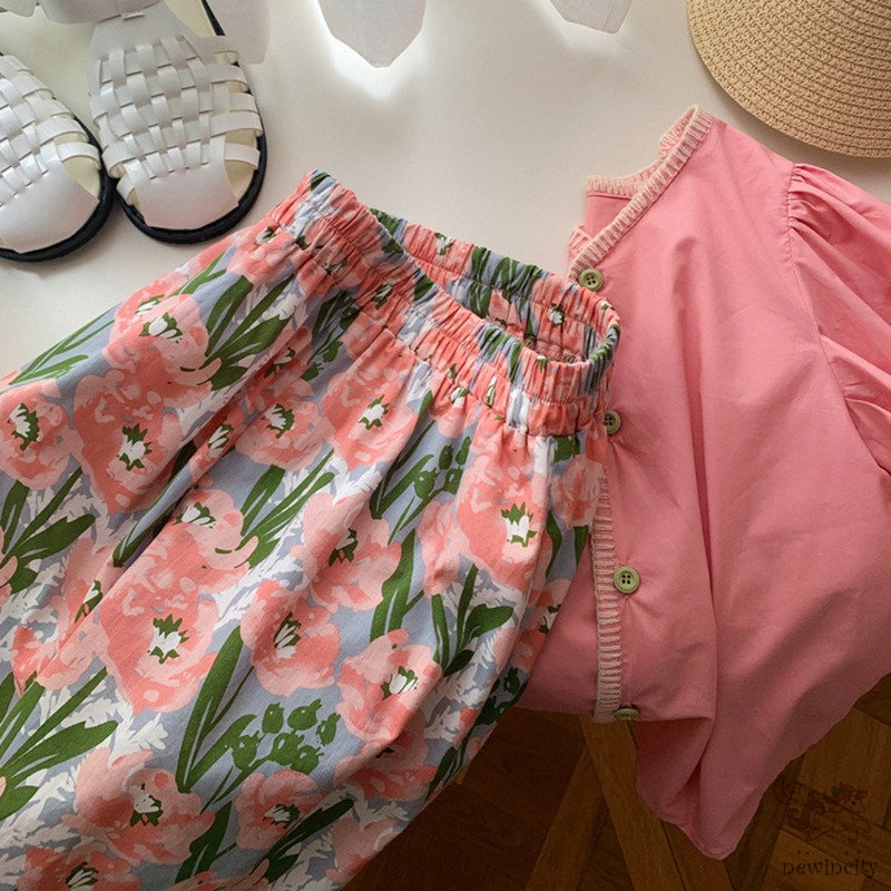 Bộ Áo Tay Phồng + Quần Short In Hoa Thời Trang Mùa Hè Hàn Quốc Cho Bé Gái