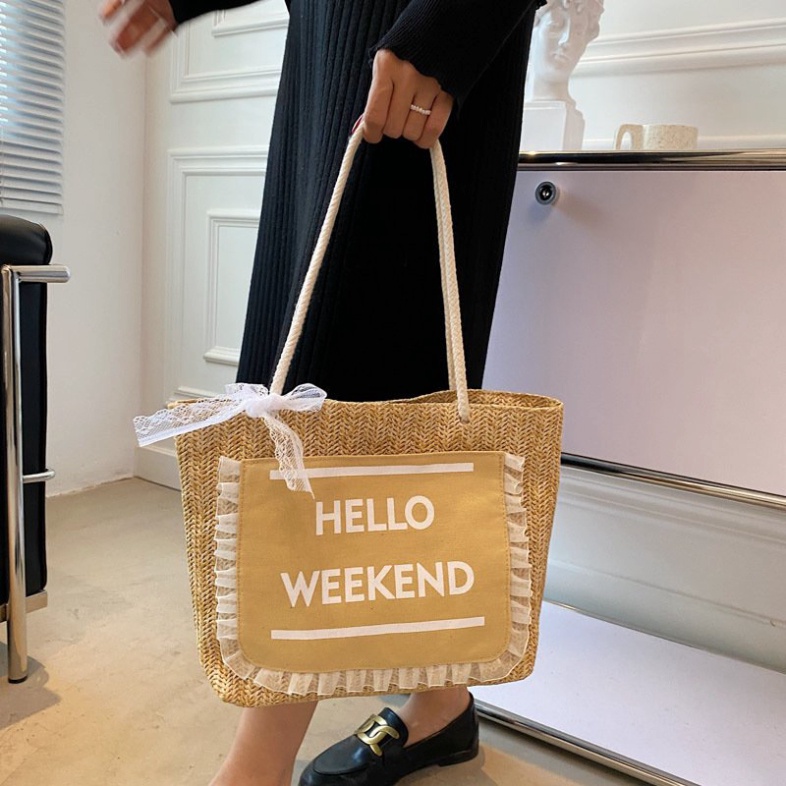 Túi Cói Du Lịch Đi Biển LUHAZO Hello Weekend Phối Ren Sang Chảnh Phong Cách Hàn Quốc