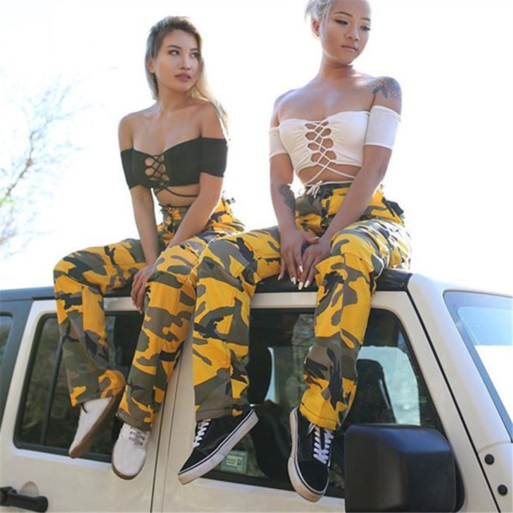 D.E-Women Casual Cotton Long Harem Pants Army Jogger Pants Military Camouflage