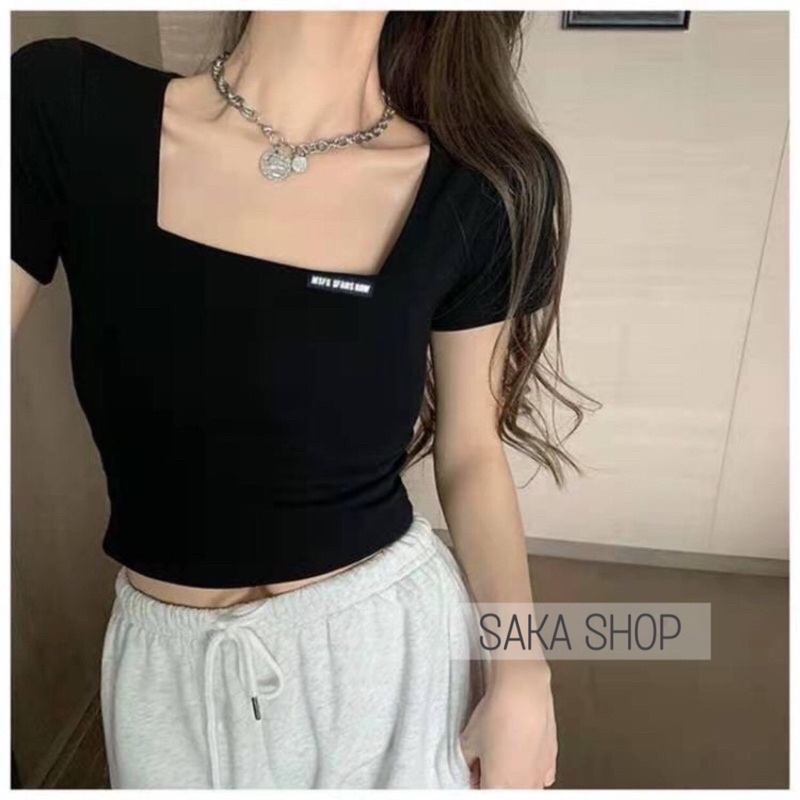 Áo croptop nữ thun trơn màu thêu logo nổi vải thun bozip lụa