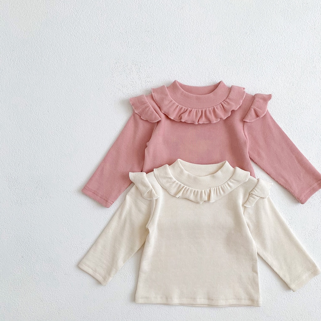 Áo Cotton Tay Dài Phối Ren Màu Kẹo Dễ Thương Phong Cách Hàn Quốc Thời Trang Mùa Đông Cho Bé Gái