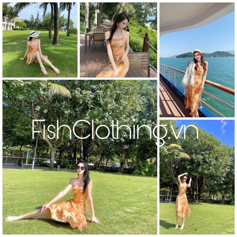 K SẴN🎀Đầm maxi voan công chúa cổ yếm cam xoè dài hở lưng hoa nhí đan dây tiểu thư vintage retro kiểu Pháp đi biển sexy | BigBuy360 - bigbuy360.vn