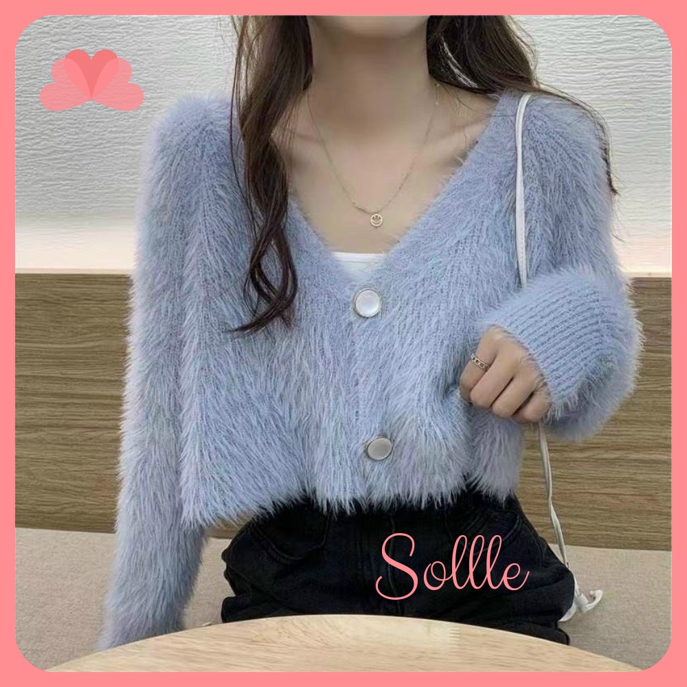 Áo khoác nữ cardigan len lông thỏ siêu mịn dáng croptop tiểu thư Sollle