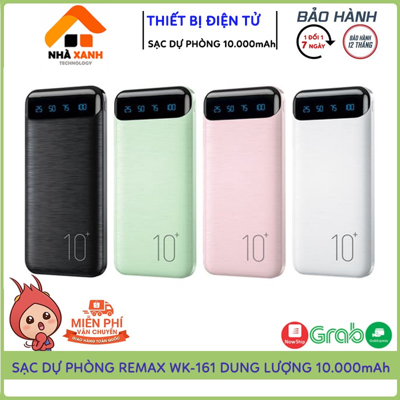 Sạc Dự Phòng Remax WK-161 Dung Lượng Pin 10.000mAh, Hiện Thị % Pin Sạc Tiện Dụng, Bảo Hành 12 Tháng