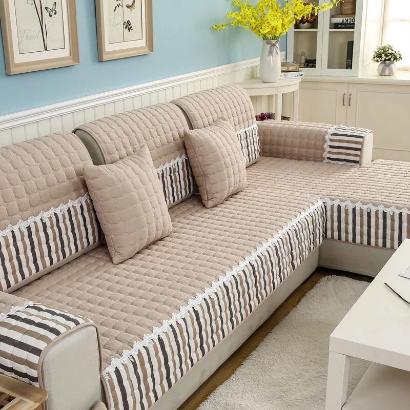 Vỏ Bọc Ghế Sofa 1 / 2 / 3 Chỗ Ngồi Hình Chữ L Bằng Cotton Chống Trượt