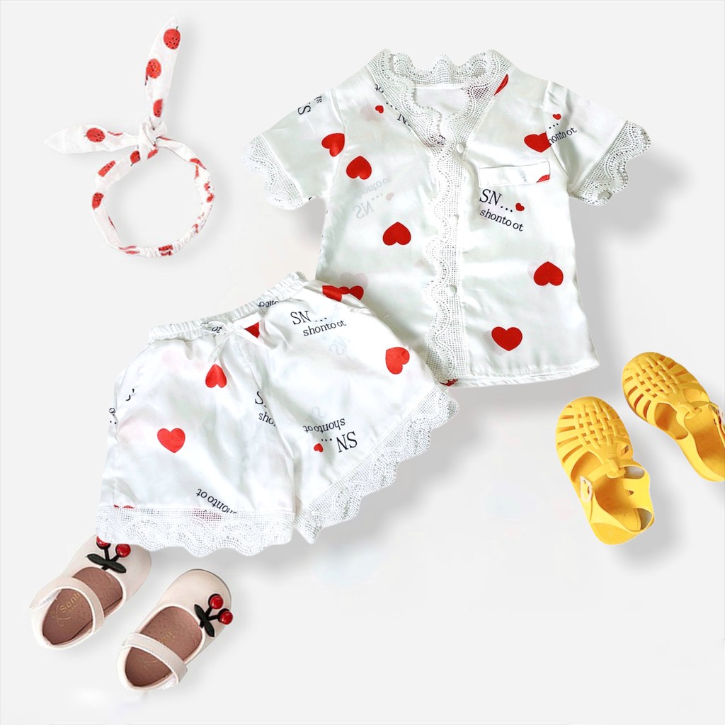 Set Bộ Quần Áo Cho Bé Gái Lụa Satin Hình Tim Phối Viền Ren Pijama Cộc Tay [BN09] - Babi mama