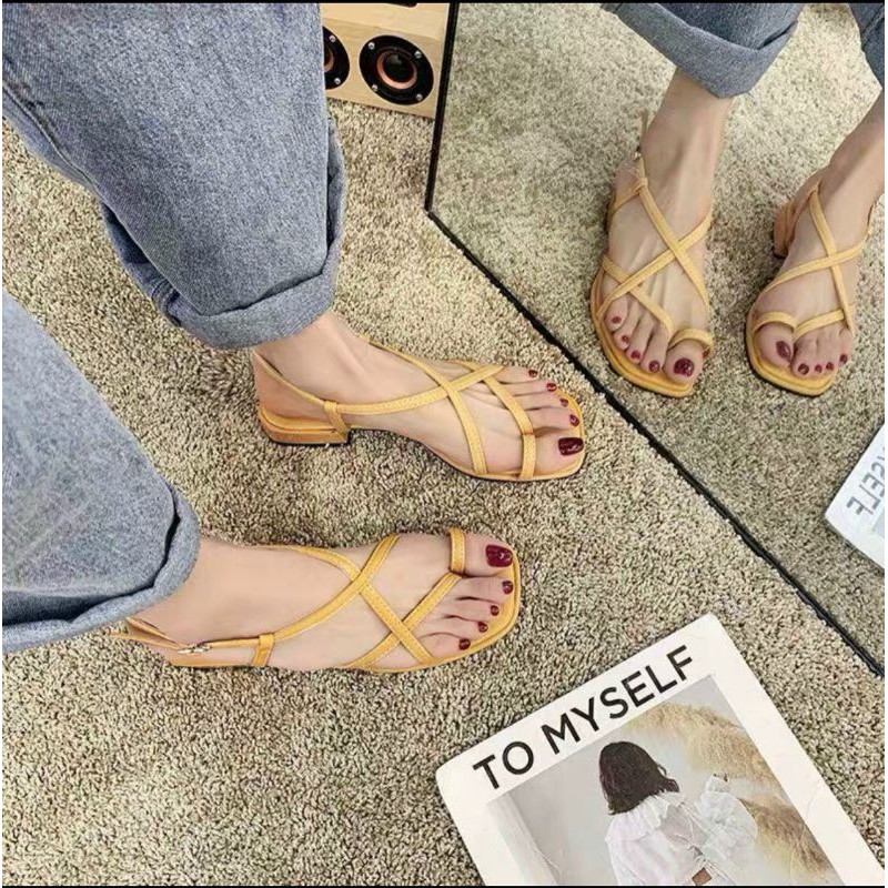 Sandal đế bệt nữ phối dây xỏ ngón mũi vuông thời trang gót 1cm