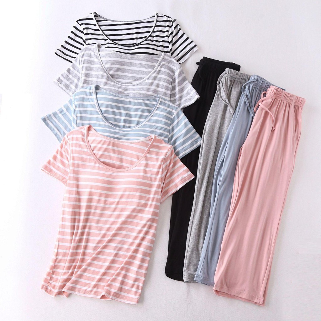 - Đồ bộ ngủ lửng kẻ ngang quần dây rút kèm bra cotton cao cấp