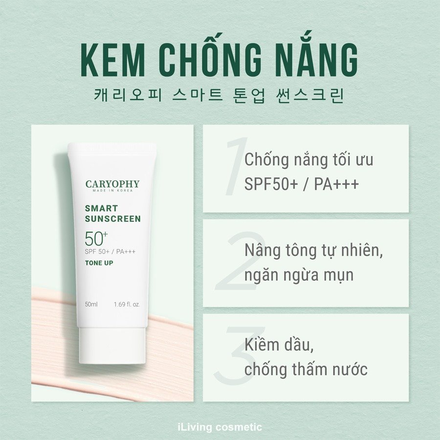 Bộ dưỡng da giảm mụn, mờ thâm Caryophy ( Sữa rửa mặt 30ml + Toner 50ml + Serum 10ml + Kem chống nắng 5ml) ILIVING-CAR