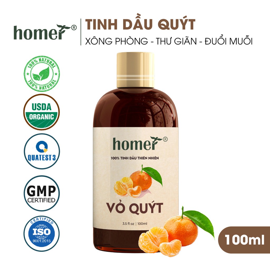 Tinh dầu Vỏ Quýt Homer 20ml/100ml - Tangerine Essential Oil - đạt chuẩn chất lượng kiểm định