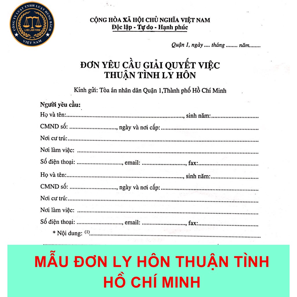 ✱Mẫu đơn ly hôn thuận tình các quận thành phố Hồ Chí Minh