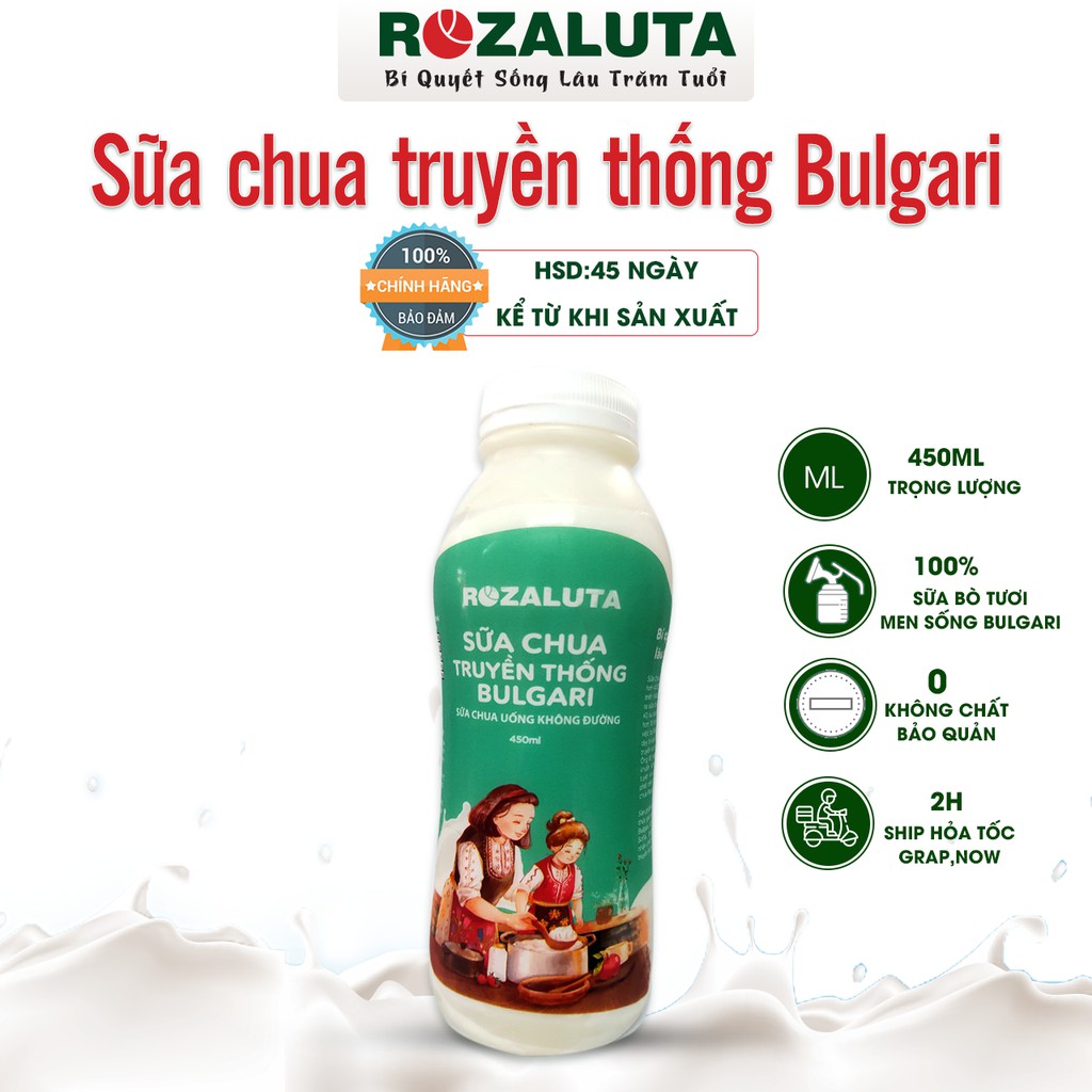 Sữa chua uống không đường Rozaluta (100% sữa nguyên chất, không chất bảo quản) - Sữa chua truyền thống Bulgari 450ml