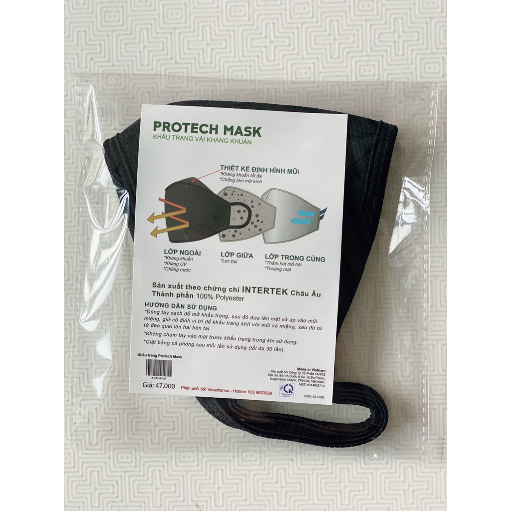 Combo 5 Khẩu trang vải Protech Mask 3 lớp kháng khuẩn, lọc 99% bụi mịn, chống tia UV, ngăn tia bắn - Giặt tối đa 30 lần