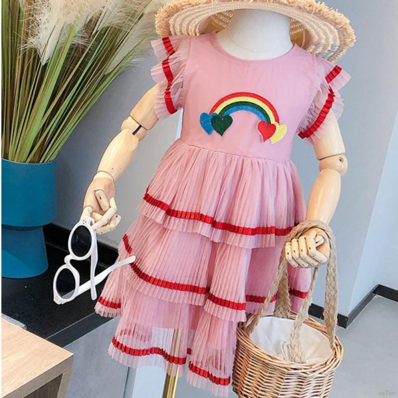 Đầm xòe thêu hình cầu vồng thời trang xinh xắn cho bé gái