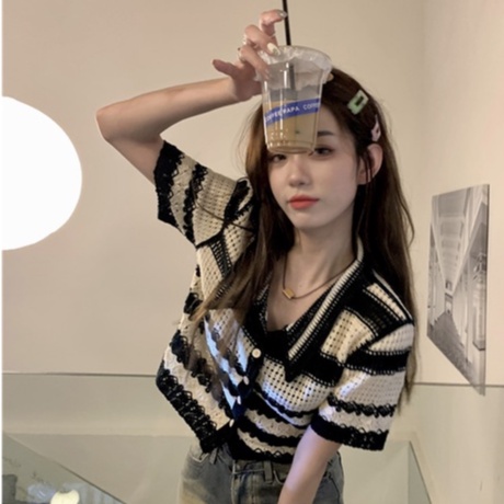 ihkke Áo Cardigan Dệt Kim Tay Ngắn Cổ POLO Họa Tiết Kẻ Sọc Thời Trang Mùa Hè Hàng Mới Dành Cho Bạn Nữ