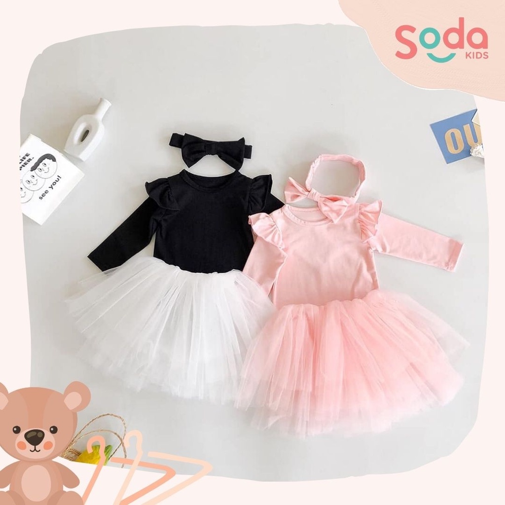 Bộ liền thun trơn kèm chân váy xòe cho bé gái