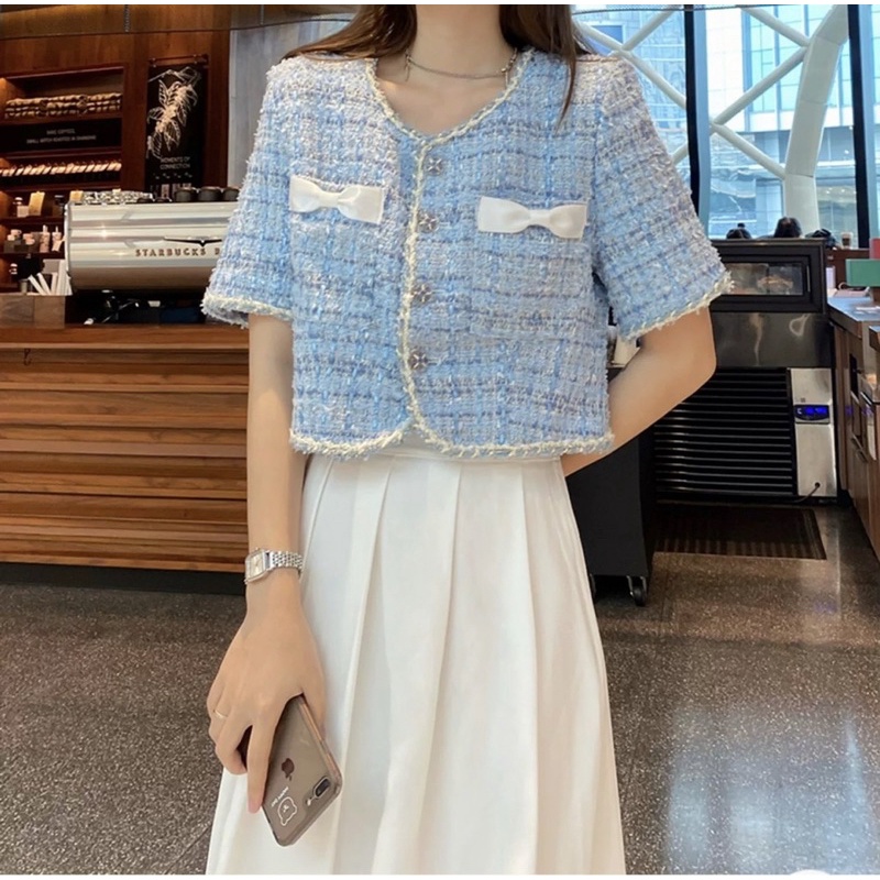 SET CROP DẠ TÚI NƠ + CHÂN VÁY MIDI XẾP LY