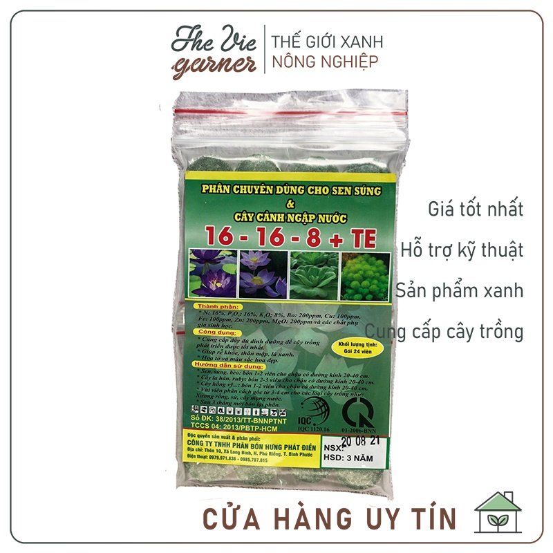 Phân bón hữu cơ NPK 16-16-8+TE chuyên cho sen súng, cây ngập nước - 24 viên