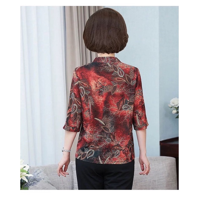 Áo trung niên nữ cho bà cho mẹ ATN001 sơ mi cổ trụ phối cúc in hoạ tiết chất liệu thun thông hơi mát mềm mịn