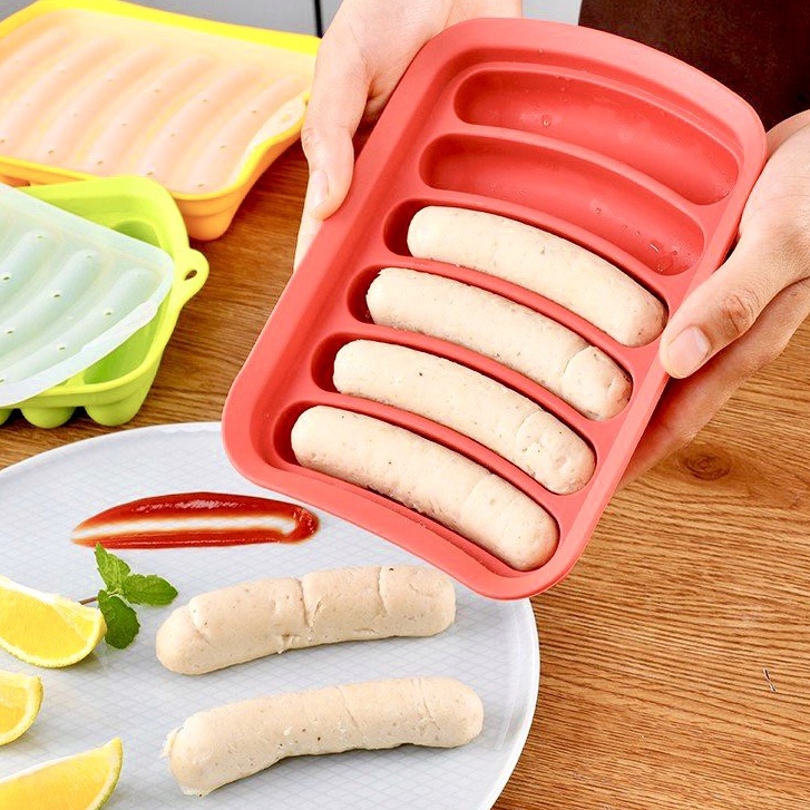 Khuôn xúc xích silicon chịu nhiệt có nắp, khuôn làm xúc xích cho bé ăn dặm