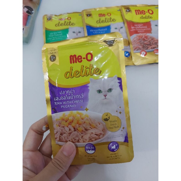 Pate cao cấp cho mèo Me-O Delite vị cá ngừ, cua, gà xé, cá hồi..