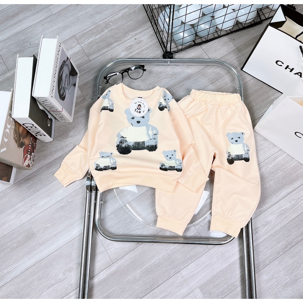 Đồ bộ bé gái Sét thu đông quần áo dài thun nỉ hình gấu cute dễ thương cho bé từ 7 đến 18 kg, SUN KID'S