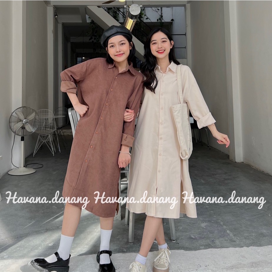 Đầm sơ mi dáng suông chất nhung AE61