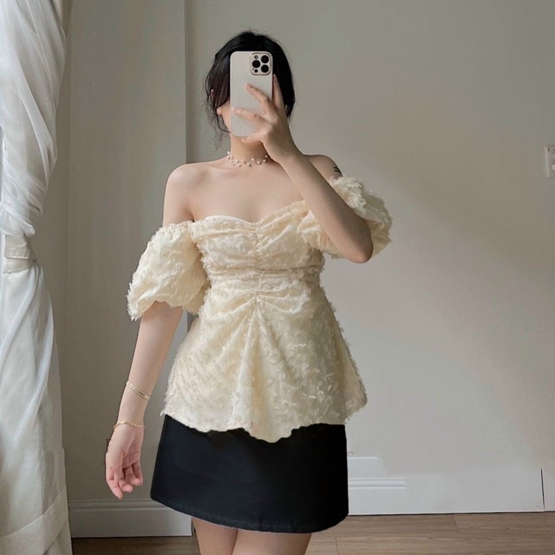 SET ÁO HOA NỔI REN RỚT VAI NHÍU NGỰC + CHÂN VÁY