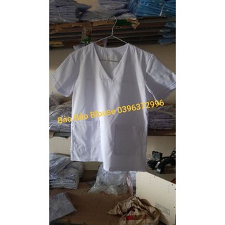 Áo blouse phẫu thuật cổ tim nam/nữ màu trắng vải thô cotton