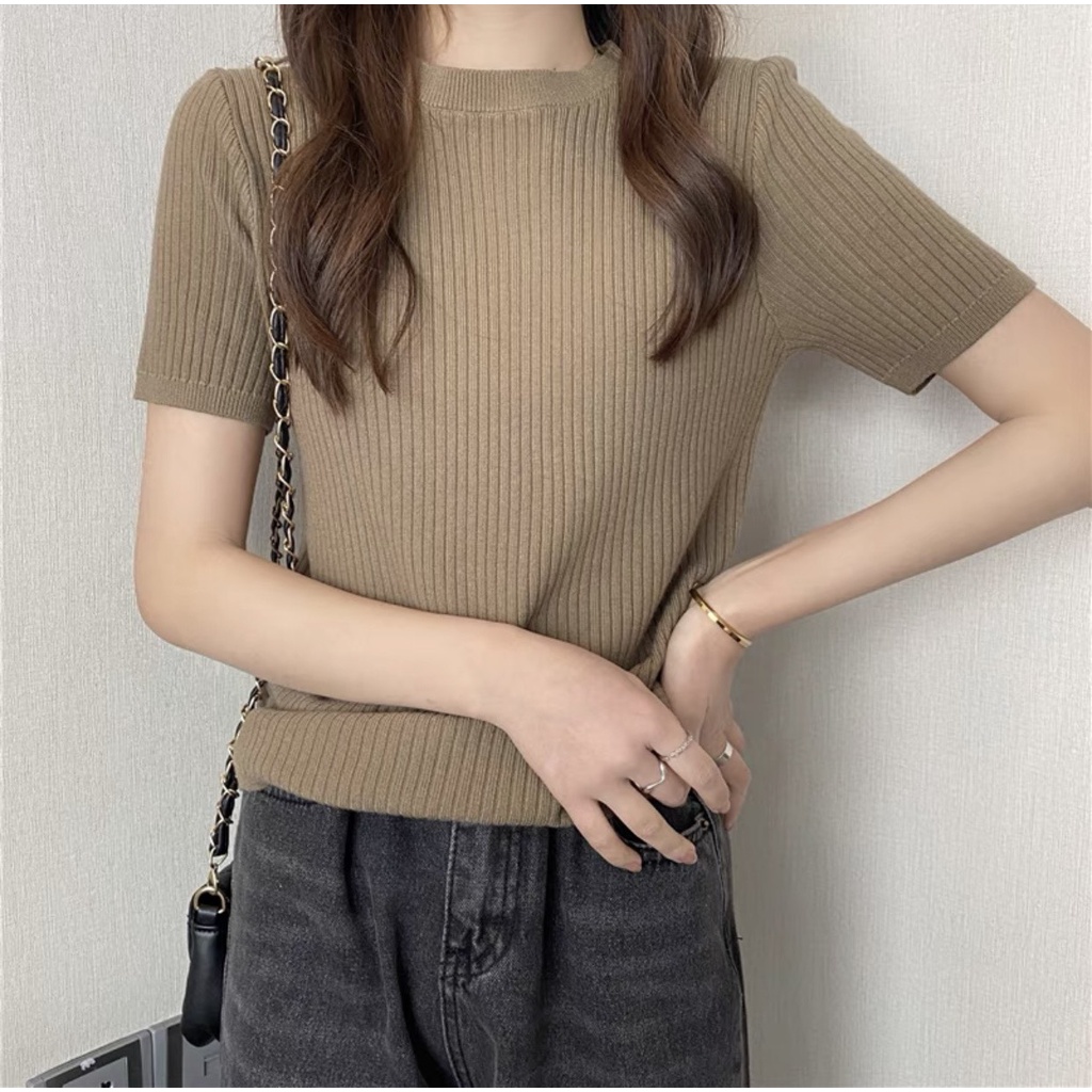 Áo len tăm đũa dáng ôm cộc tay cổ tròn basic