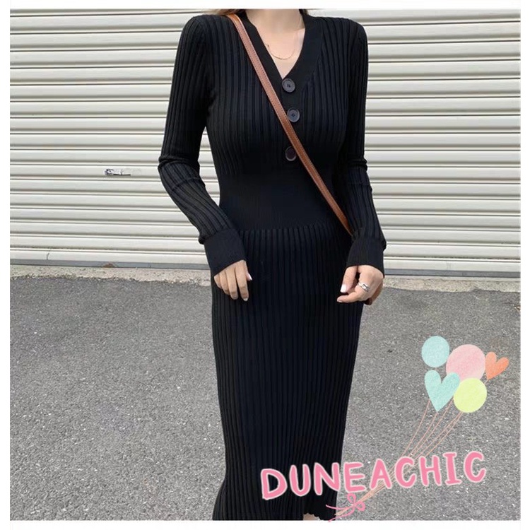DUNEA Đầm Sweater Dáng Dài Lưng Cao Cổ Chữ V Quyến Rũ Cho Nữ