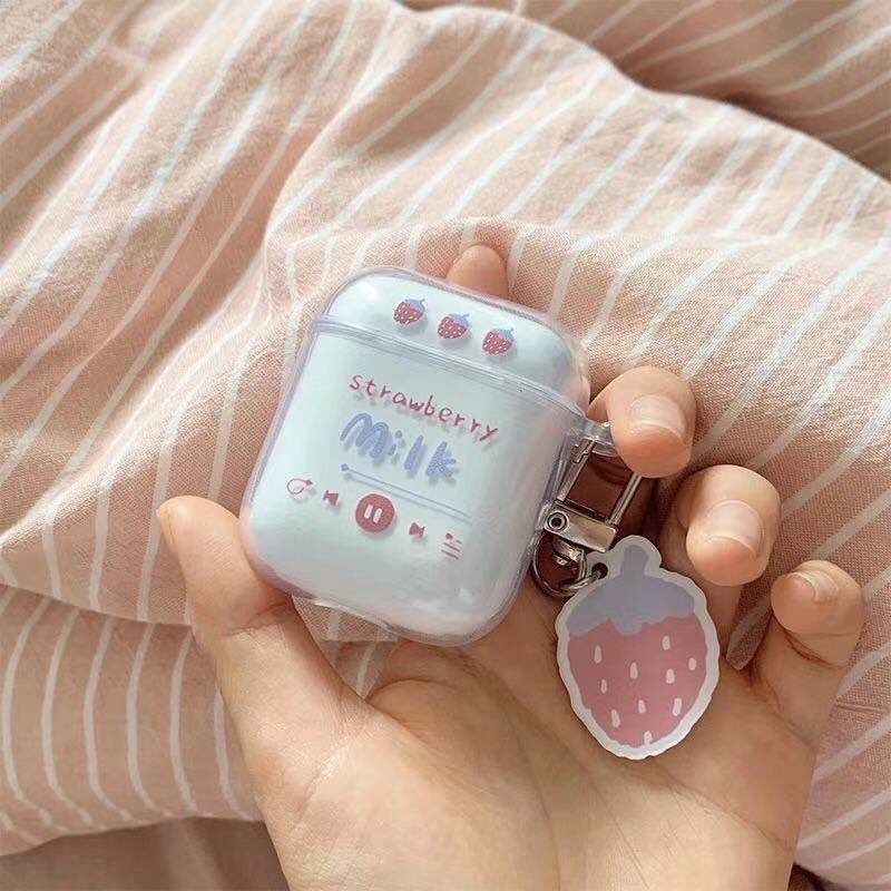 Ốp Bảo Vệ Tai Nghe Case Airpods 1 2 3 Pro Trong Suốt Hình Dâu Âm Nhạc Kèm Móc Khóa Dễ Thương