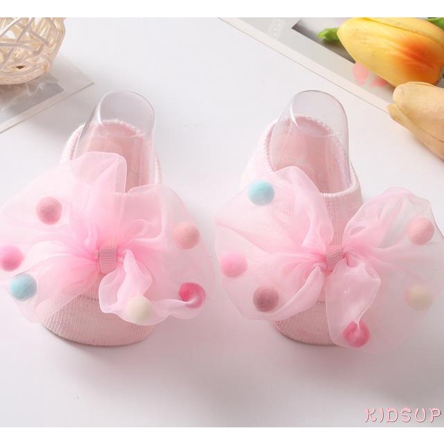 Tất ngắn chống trượt đính nơ lưới thời trang xuân thu cho bé gái