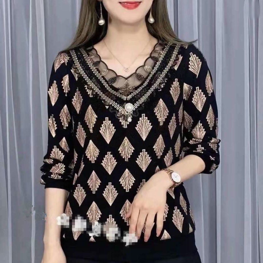 ☍▦Áo thun sợi lưới trên cùng mùa thu và đông nữ bà mẹ trung niên mặc dài tay ren bên trong mới 2021 | BigBuy360 - bigbuy360.vn