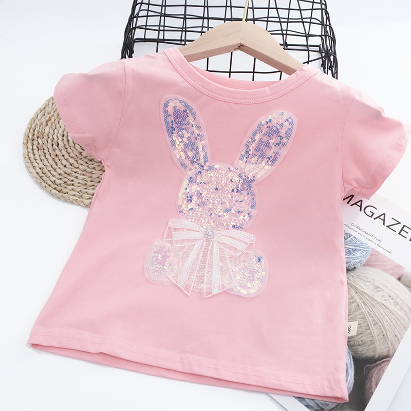 Áo Thun Tay Ngắn Chất Liệu 100% Cotton In Hoạ Tiết Thỏ Đính Kim Sa Lấp Lánh Dành Cho Bé Gái