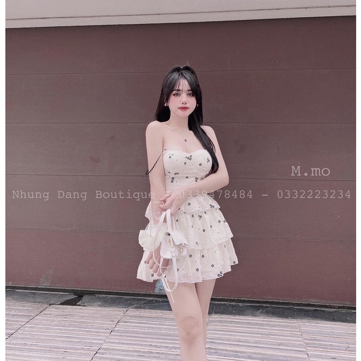 Đầm xòe 2 dây xếp tầng in họa tiết ngôi sao mẫu có mút ngực thời trang nữ năng động trẻ trung