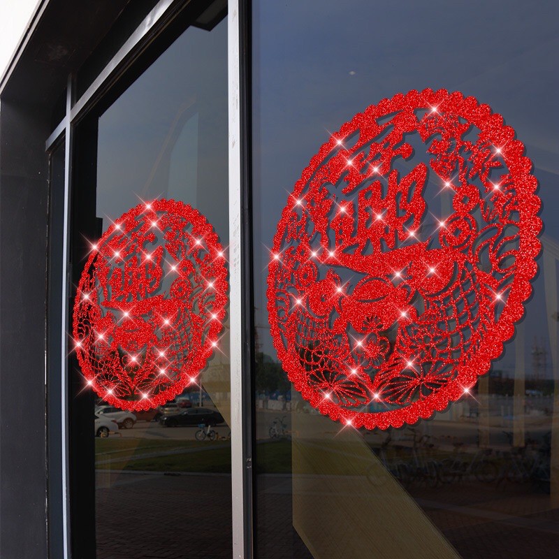 Decal trang trí Tết - Vòng tròn Cặp cá chép với thổi vàng nhũ kim tuyến đỏ