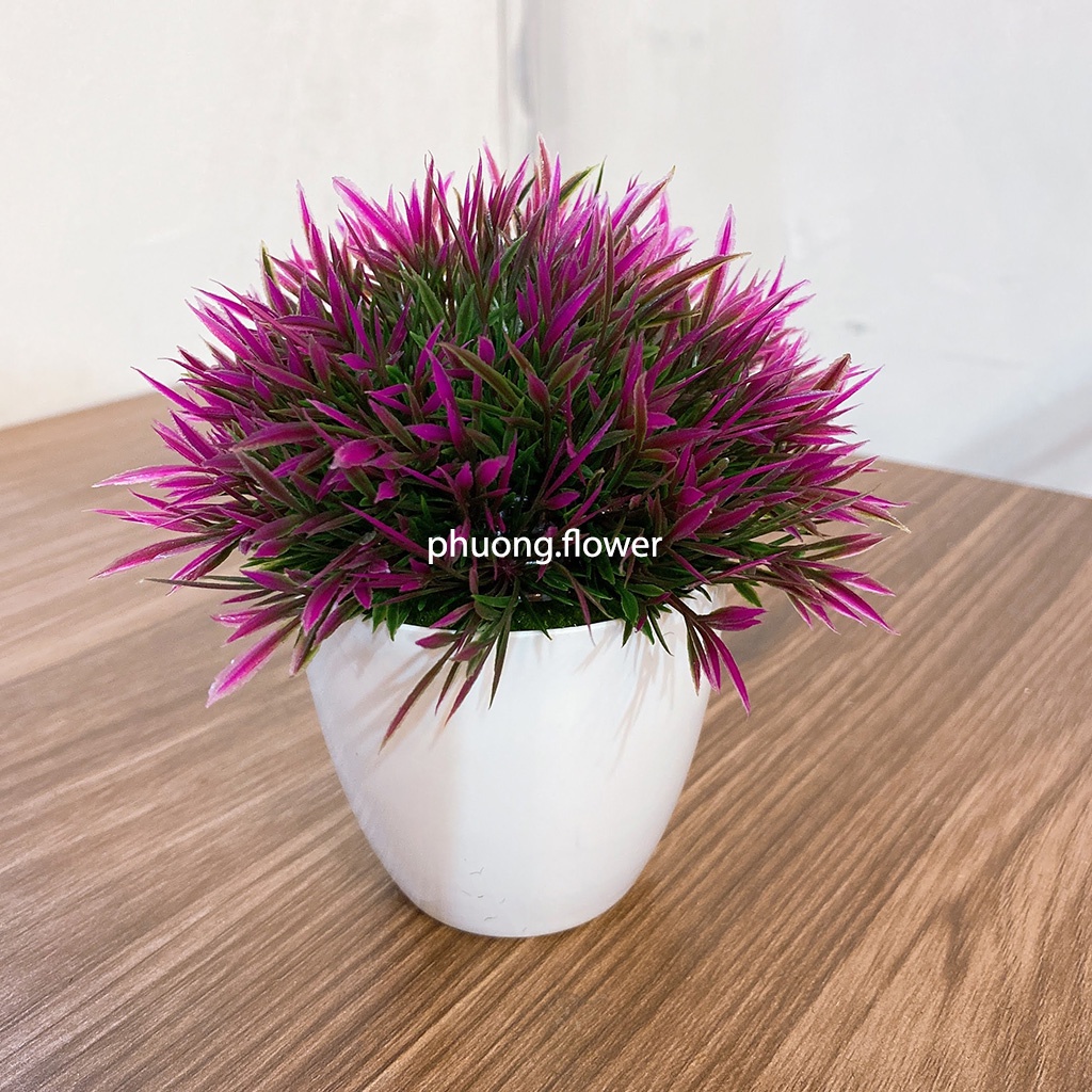 Chậu cây cỏ giả lá cây kiểng mini 14cm kèm chậu trang trí nhà cửa decor bàn làm việc văn phòng quán cafe