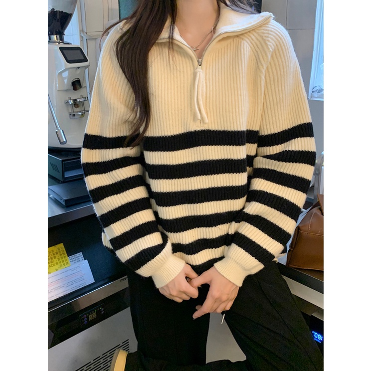 ZHELIHANGFEI Áo Sweater Tay Dài Cổ Lọ Kẻ Sọc Phối Khóa Kéo Cá Tính