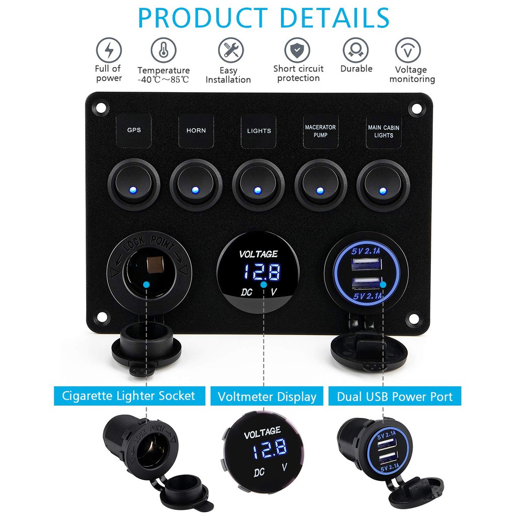 Bảng Công Tắc Đèn Led 5 Nút Chống Nước 12V Cho Tàu Thuyền Xe Hơi