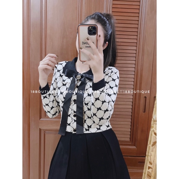 áo len cổ sơ mi buộc nơ hoạ tiết bướm caro sang chảnh kèm ảnh thật