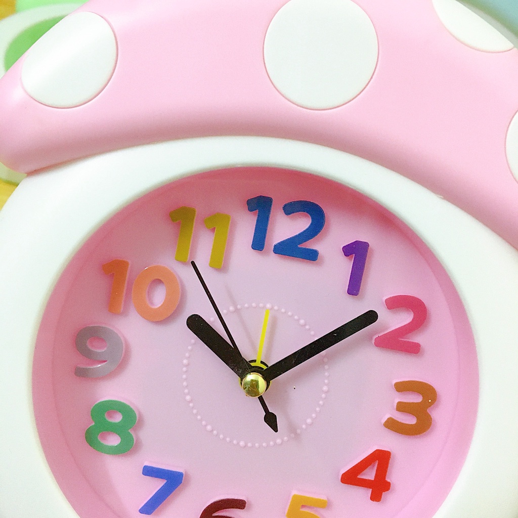 Đồng hồ báo thức để bàn hình nấm xinh xắn decor trang trí bàn học 3 màu hồng, lá, lam có thể treo tường được