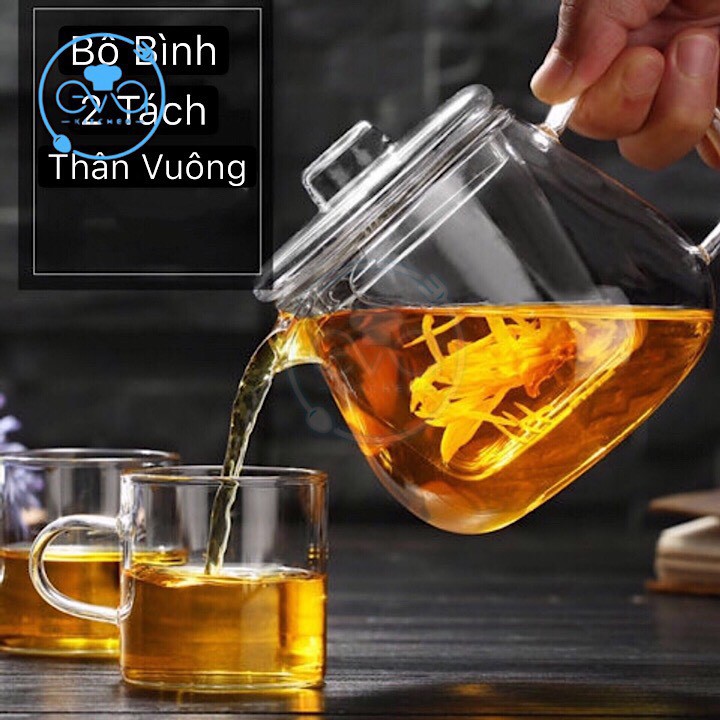 Bộ Bình 2 Tách Pha Trà Thân Vuông Thuỷ Tinh Chịu Nhiệt Cao Cấp