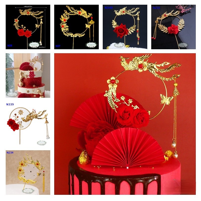 Bộ Phụ Kiện Trang Trí Bánh Kem Bằng Sắt Màu Vàng Hình Chim Phượng Hoàng/ Hoa Hồng Nghệ Thuật Phong Cách Trung Quốc