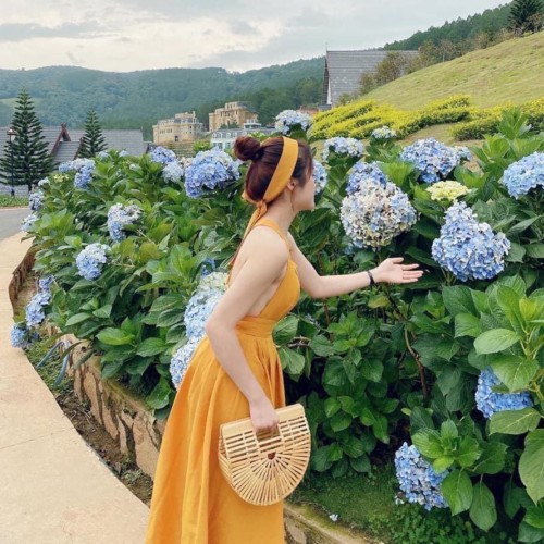 Đầm Maxi Vàng Hai Dây Hở Lưng Xếp Ly Cột Dây Eo Có Sẵn Mút Ngực Size M