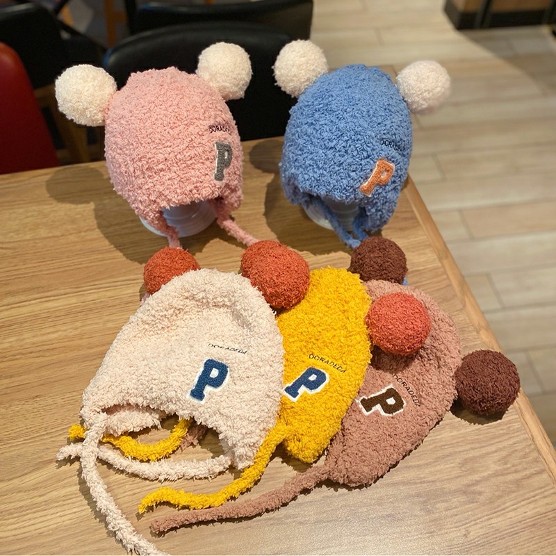 Mũ Len Cho Bé - Mũ len Hàn Quốc lông cừu mềm mịn tai tròn chữ P cho bé trai bé gái từ 1-4 tuổi dễ thương ML08